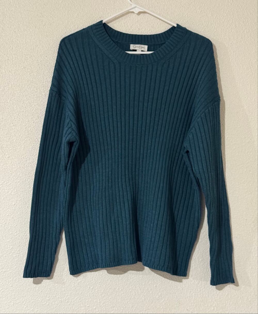 Jessica Simpson Teal Ribbed Knit Sweater XL Crewneck Cozy Pullover Soft Chunky